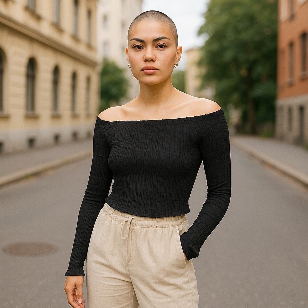 Zara Black Off-Shoulder Ribbed Long Sleeve Top